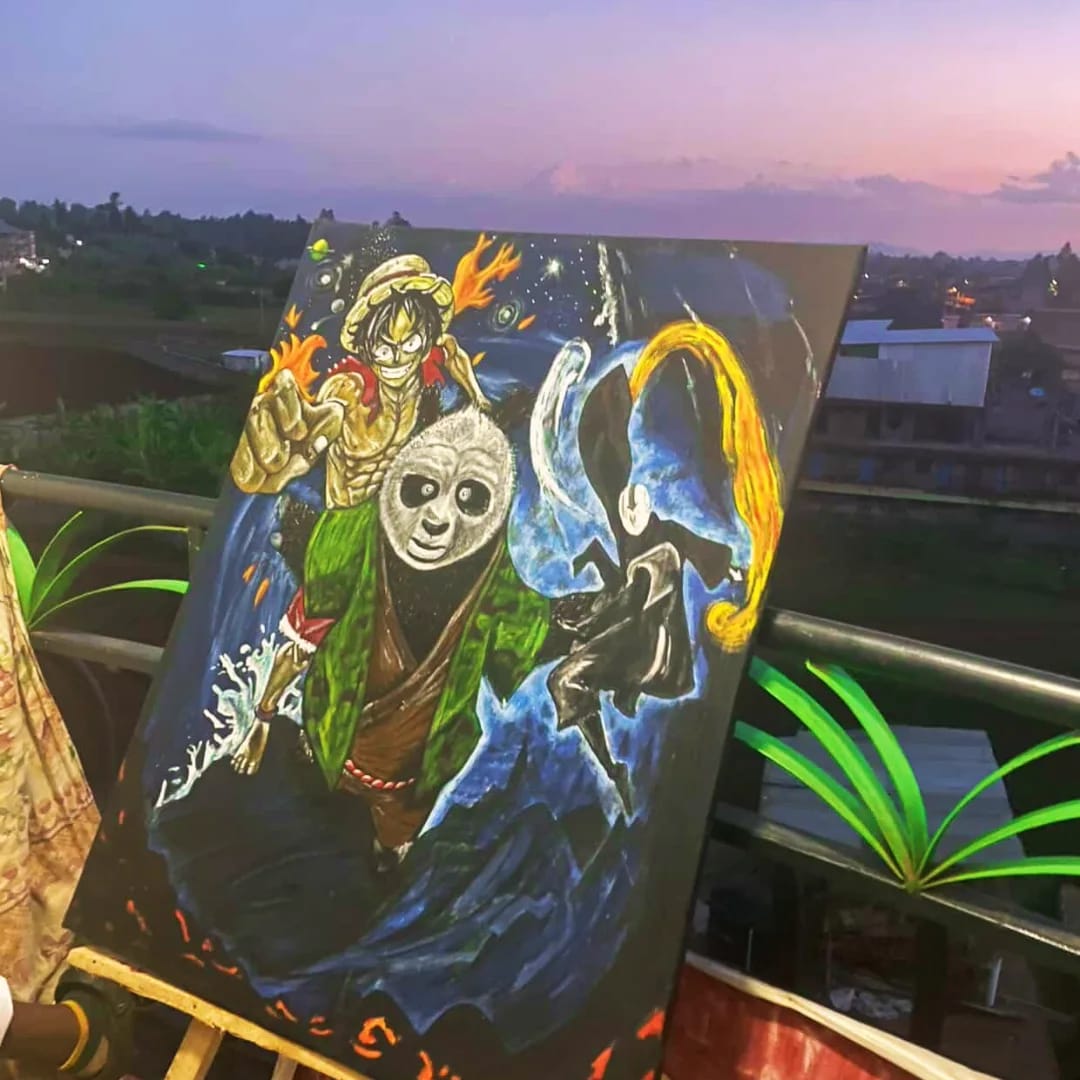 Painting of three anime and manga characters together against a dusk sky