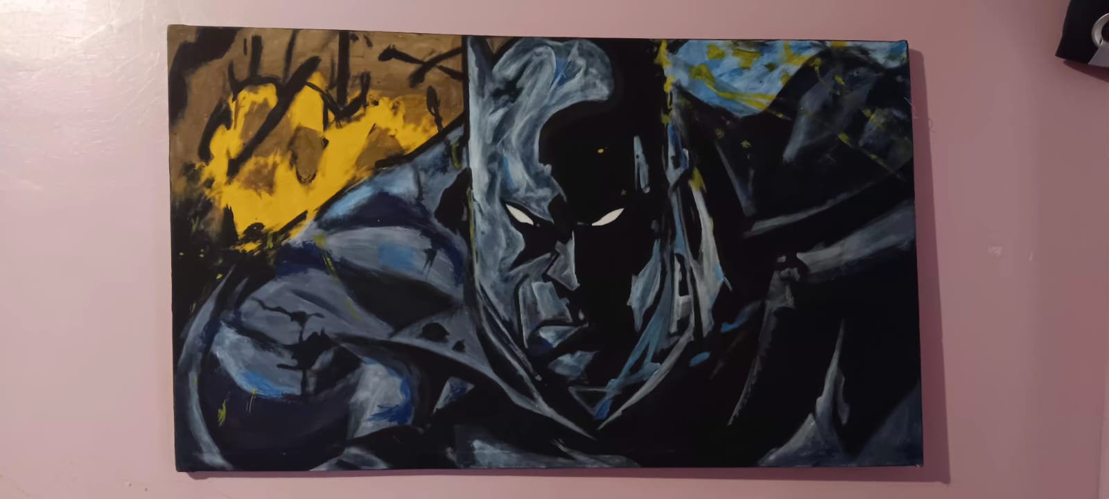 Acrylic painting of a caped, cowled figure in blue and black, in a graphic-novel style