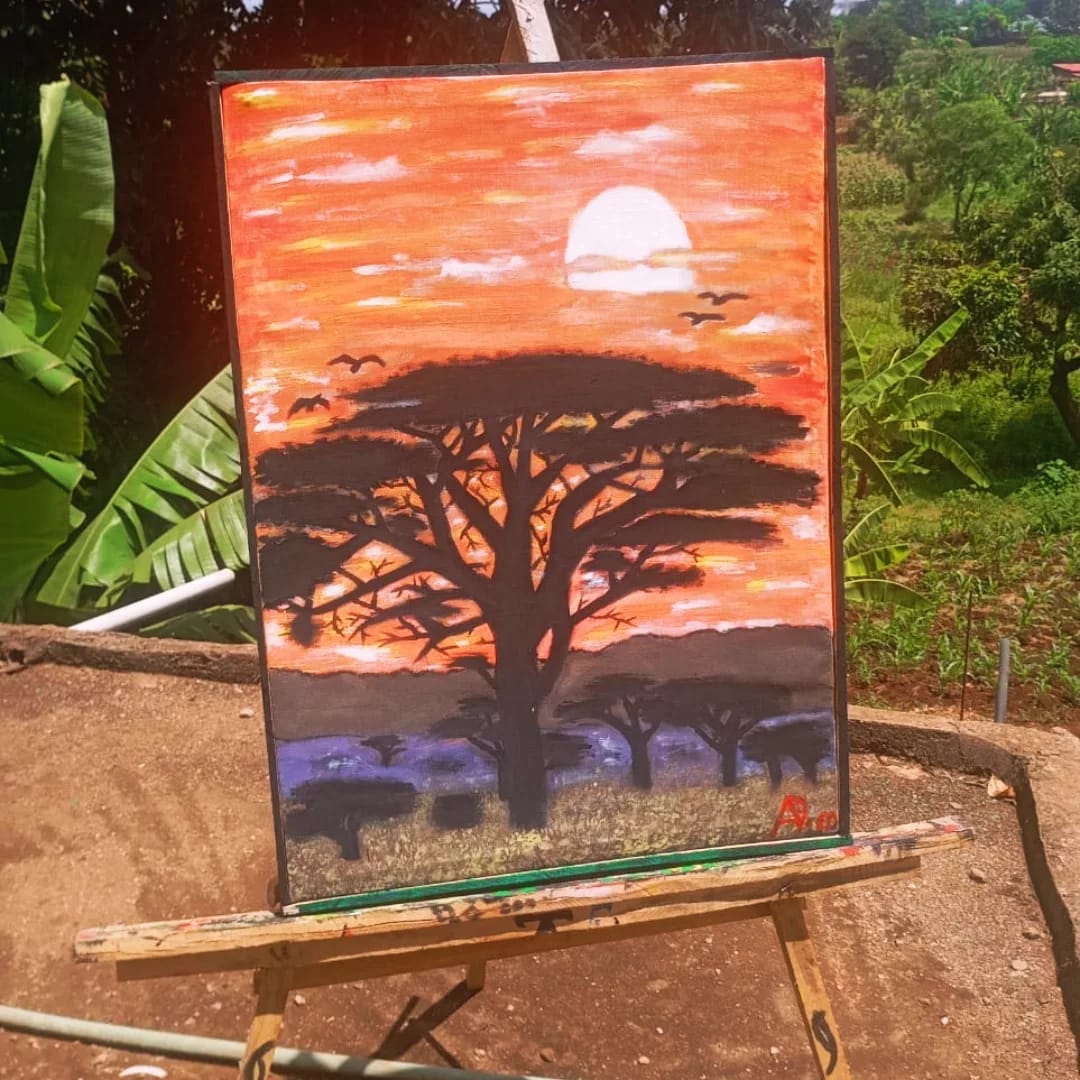 Silhouette of an acacia tree against an orange sunset with birds, acrylic painting